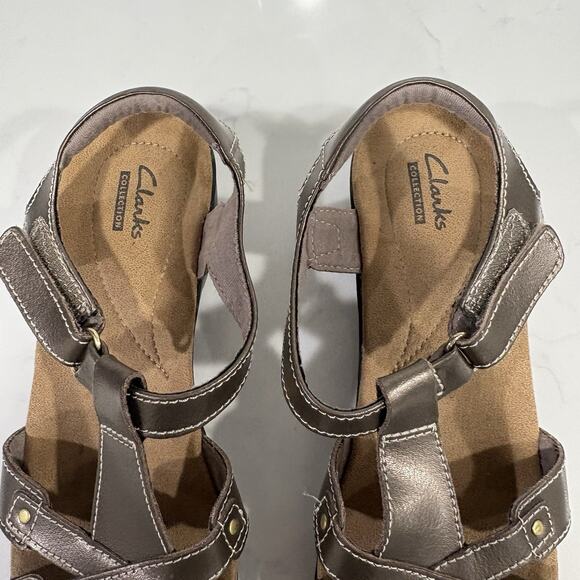 Clarks | Sandals Hayla Flute Pewter Metallic Leather Wedge Heel Comfort- 7.5 - Picture 4 of 10